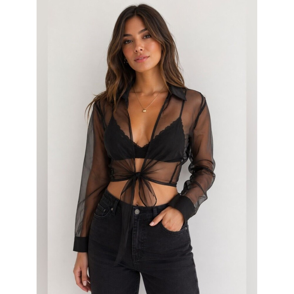 Mable Black Sheer Organza Tie Front Crop Blouse Top Size Small Y2K Romantic